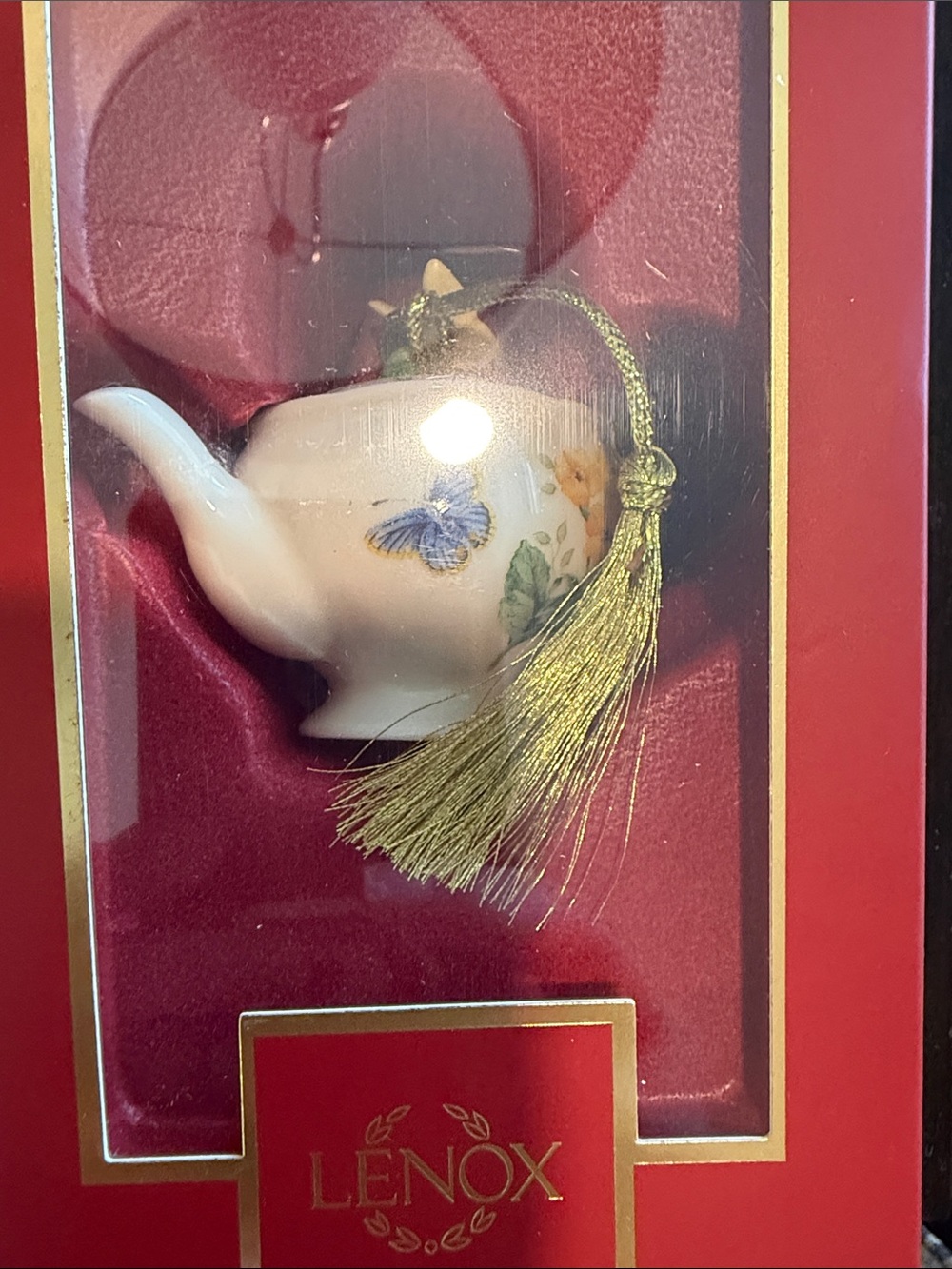 Lenox White Porcelain Teapot Ornament with Gold Tassel and Blue Butterfly